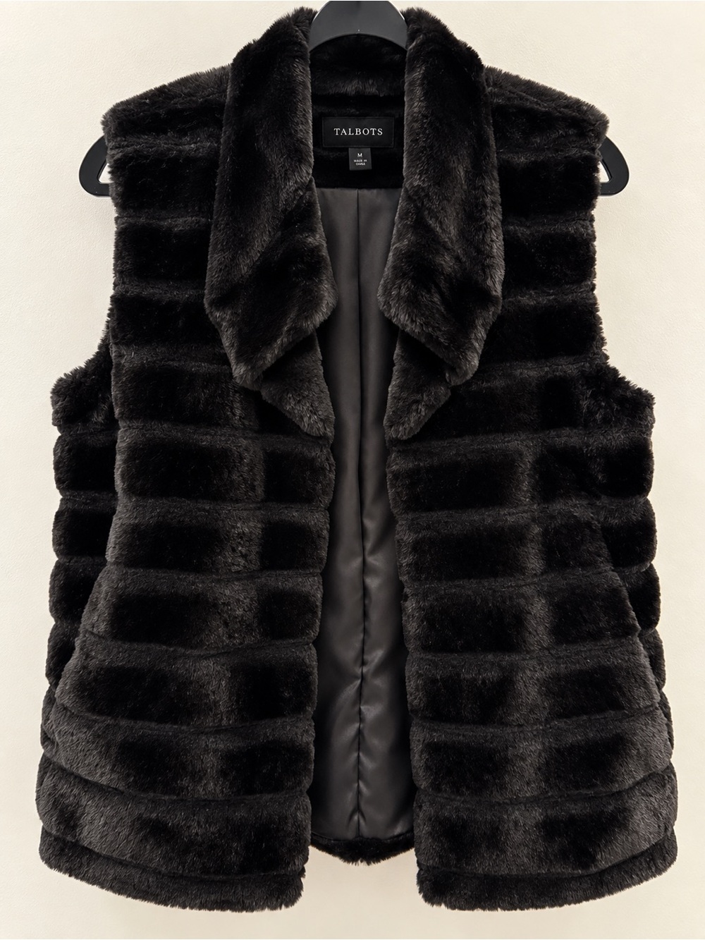 Talbots Black Faux Fur Vest Size M Plush Open Front Draped Collar